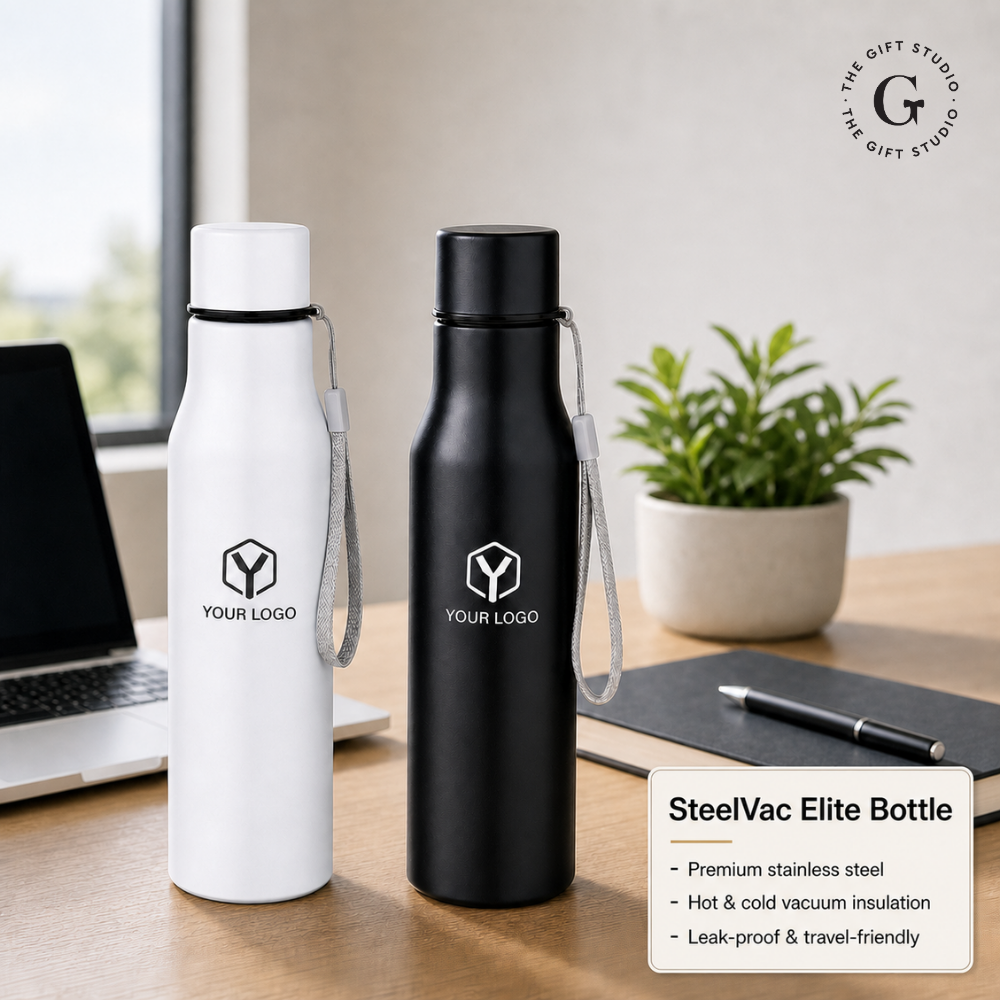 Two steel water bottles with TGS branding logo.