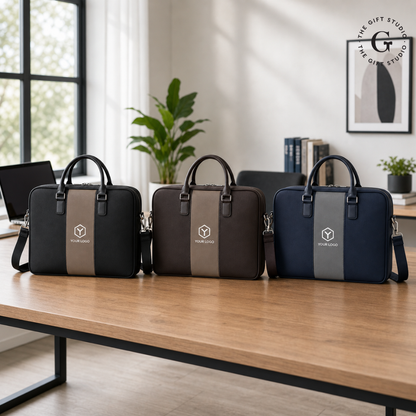 Three briefcases with TGS branding blue, brown & black.
