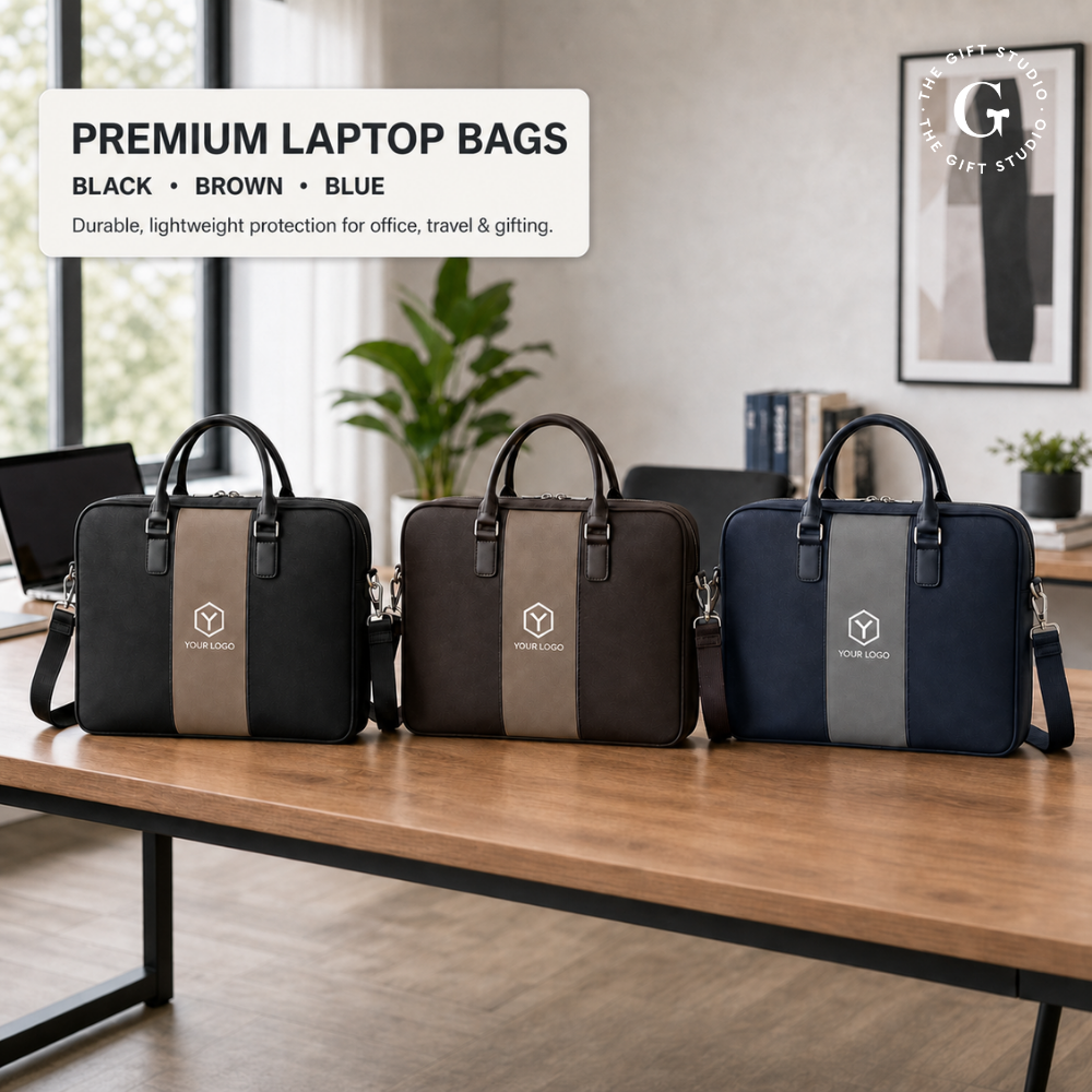 Three briefcases with TGS branding blue, brown & black.