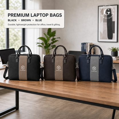 Three briefcases with TGS branding blue, brown & black.