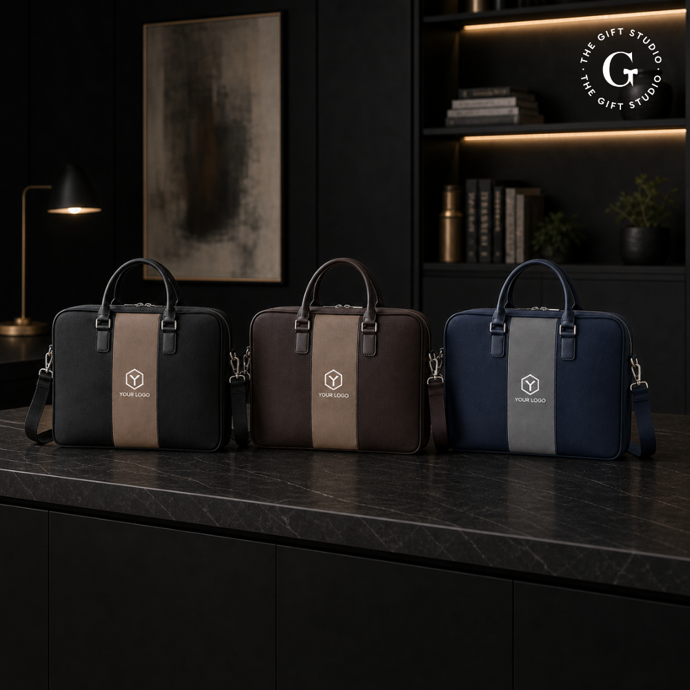 Three briefcases with TGS branding blue, brown & black.