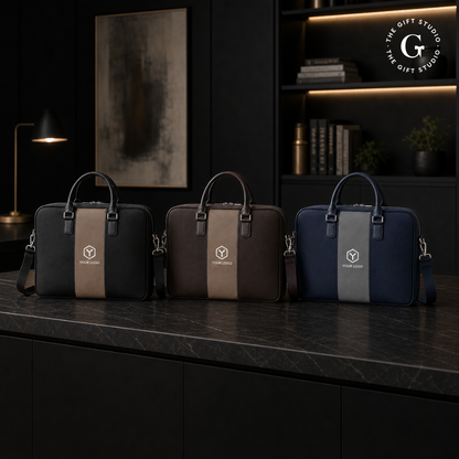 Three briefcases with TGS branding blue, brown & black.