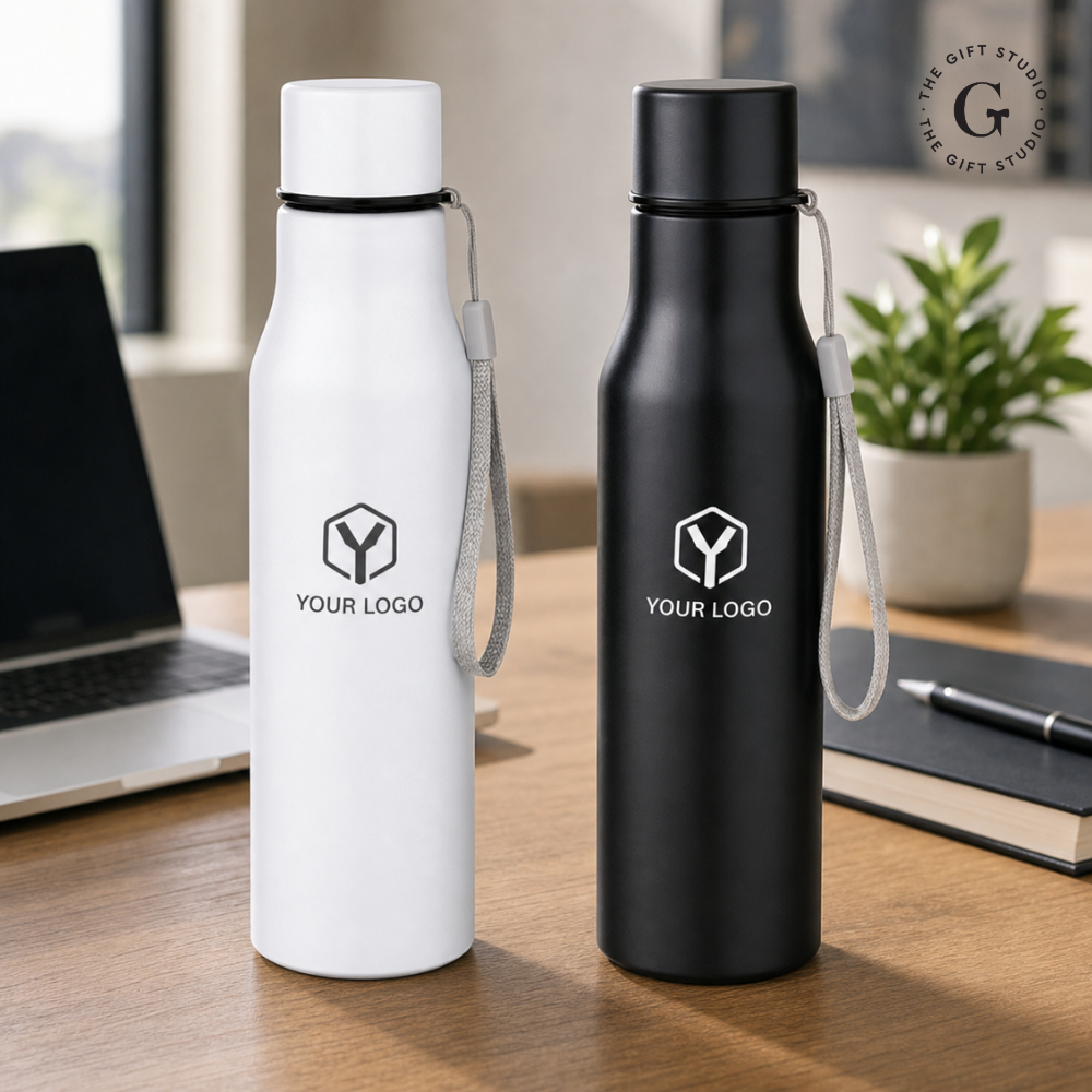 Two steel water bottles with TGS branding logo.