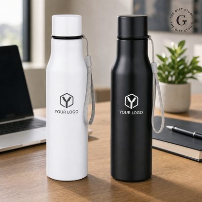 Two steel water bottles with TGS branding logo.