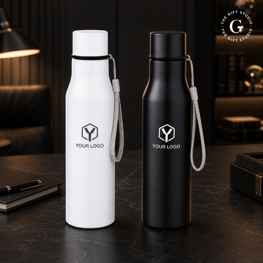 Two steel water bottles with TGS branding logo.