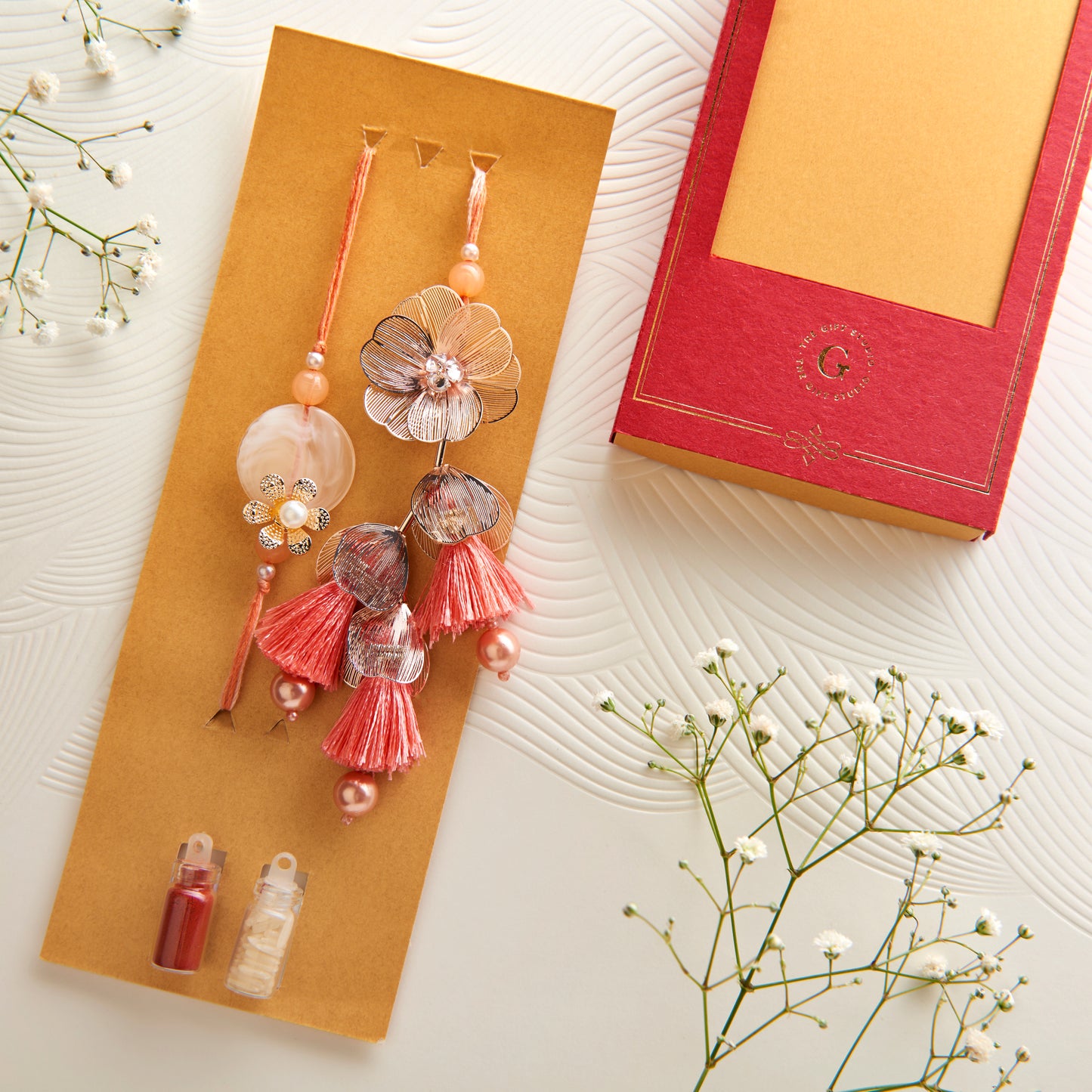 Bhaiya Bhabhi Coral Bloom Rakhi Set