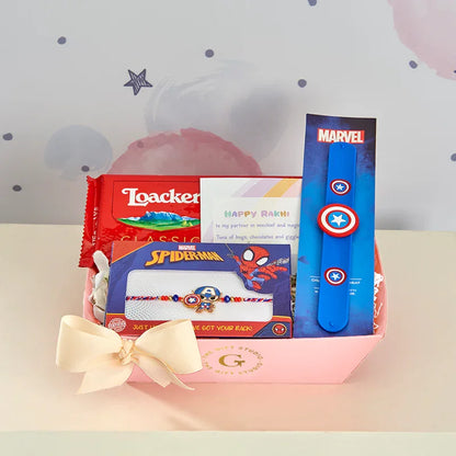 Captain America themed rakhi gift hamper for boys with chocolates and a Marvel wristband