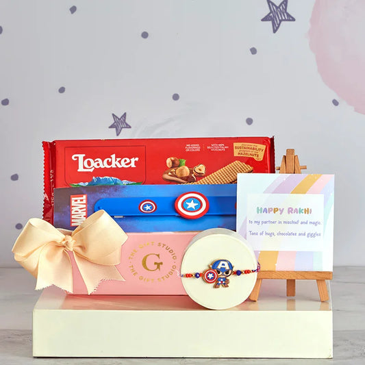 Captain America Rakhi hamper for boys with chocolate, Marvel wristband, bow gift box, and greeting card