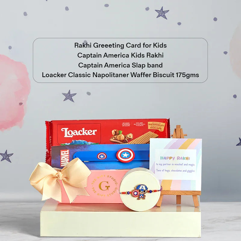 Captain America Rakhi hamper for boys with slap band, greeting card, and Loacker wafer biscuit.