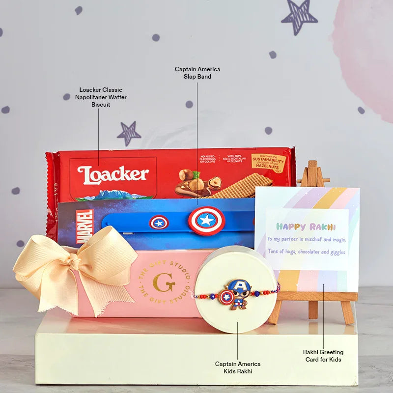 Captain America Rakhi hamper for boys with biscuit pack, slap band, kids Rakhi, and greeting card.