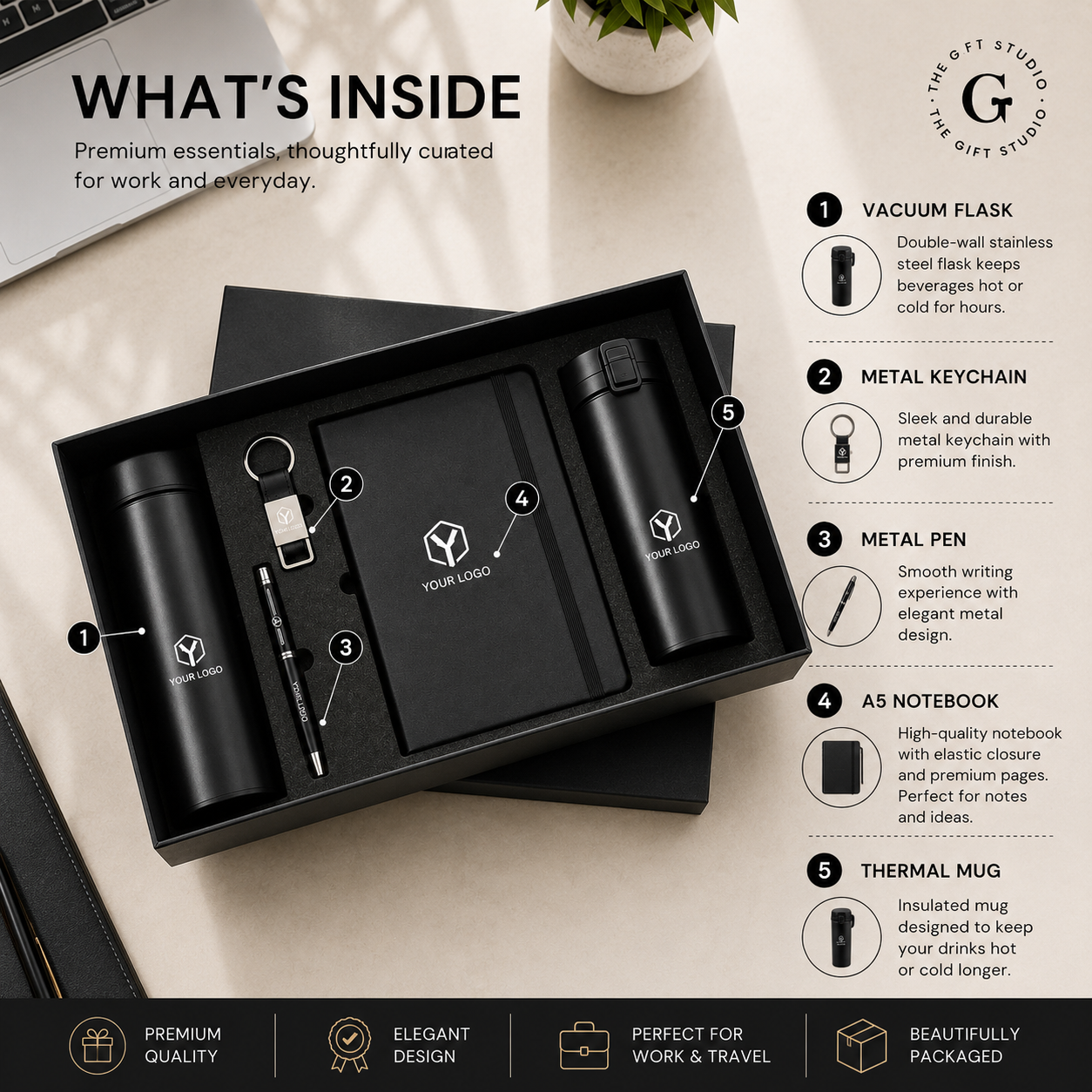 TGS black office gift set with branded items on a wooden surface like pen, bottle, flask, keychain and diary.