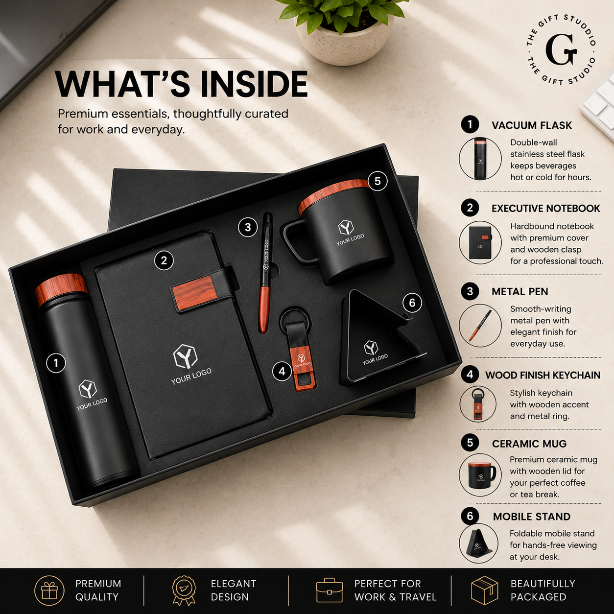 TGS Gift set with branded items including a mug, pen, mobile stand, bottle keychain and notebook on a wooden surface.