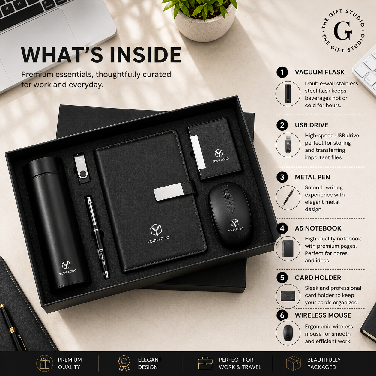 TGS Black office gift set with branded items on a wooden surface like pen, bottle, non-branded mouse, notepad, keychain and diary.