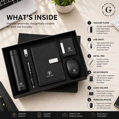 TGS Black office gift set with branded items on a wooden surface like pen, bottle, non-branded mouse, notepad, keychain and diary.