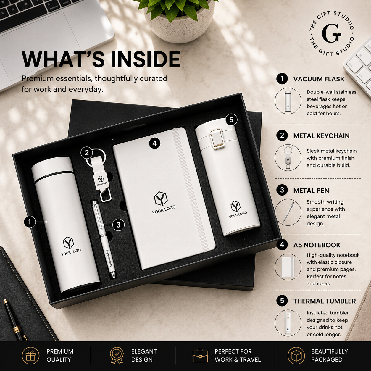 TGS white office gift set with branded items on a wooden surface like pen, bottle, flask, keychain and diary.
