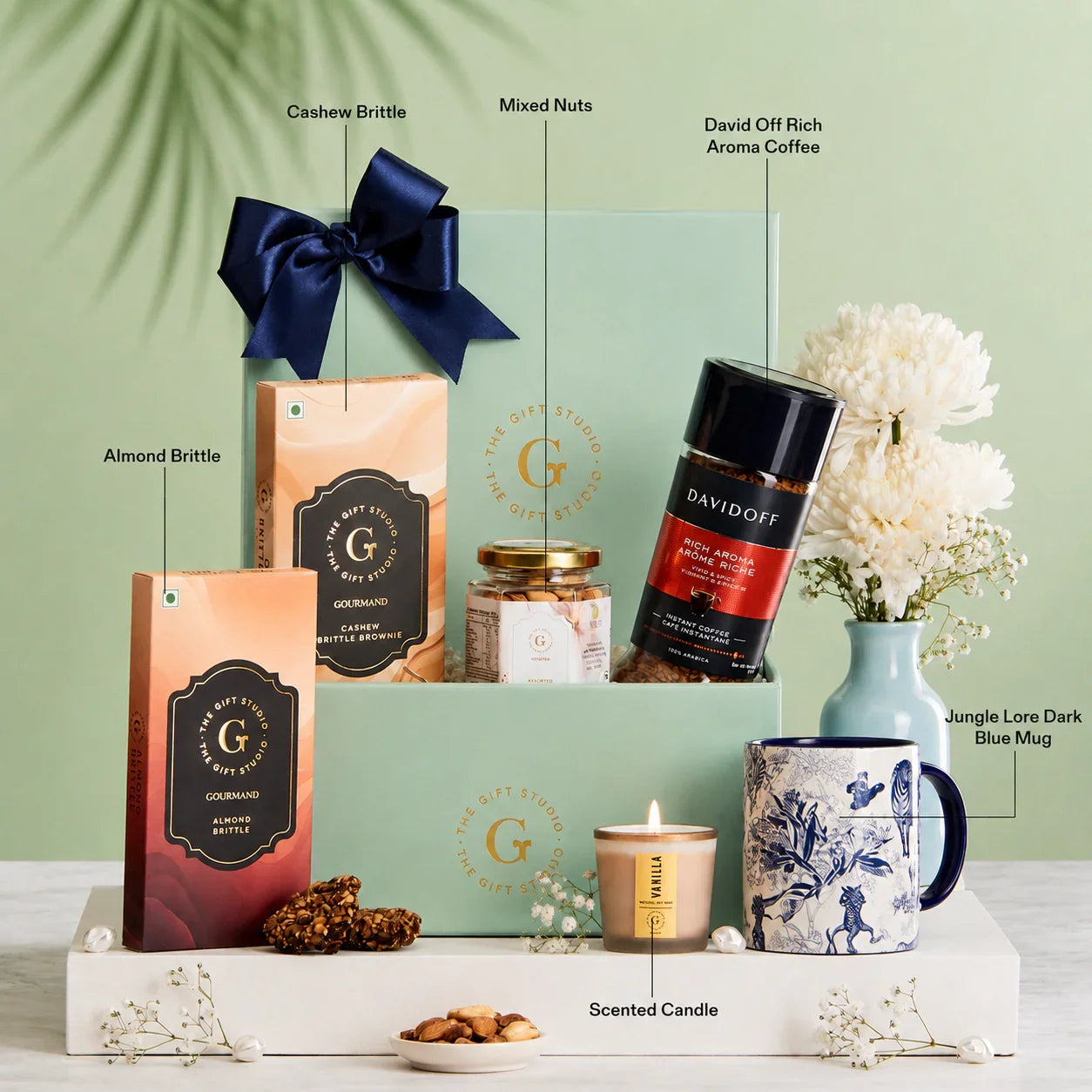 Coffee & Crunch hamper products with individual identification labels.