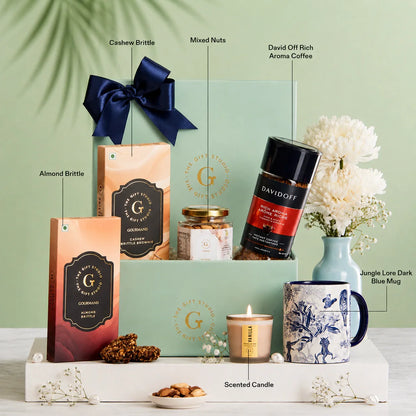 Coffee & Crunch hamper products with individual identification labels.