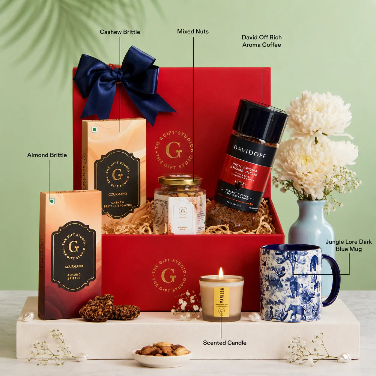 Coffee & Crunch hamper products displayed with individual identification label