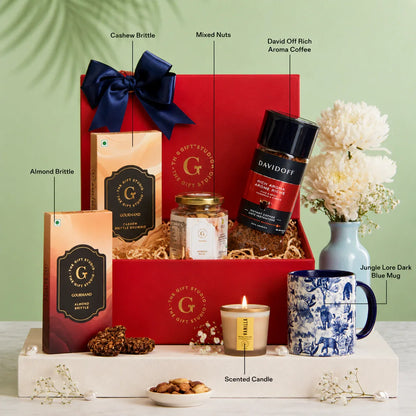 Coffee & Crunch hamper products displayed with individual identification label