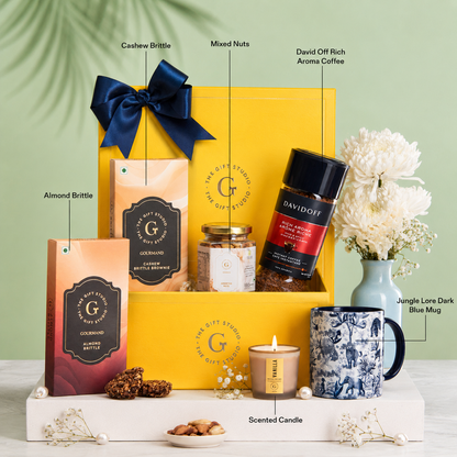 Coffee & crunch hamper products displayed with individual identification labels.