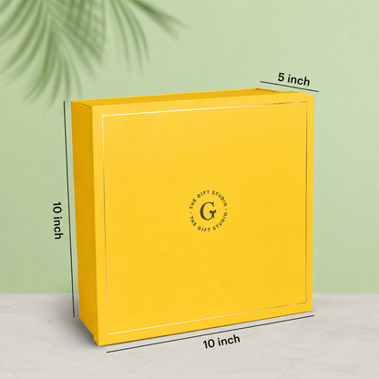 Exact dimensions and measurements of the Coffee & Crunch hamper yellow gift box.