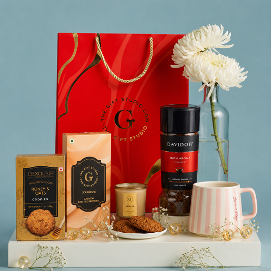 Coffee Cookie Bag products artfully displayed outside the gift bag.