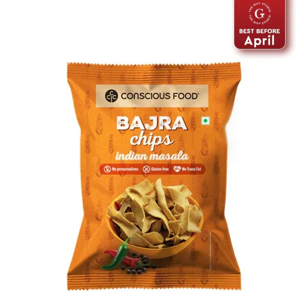 Bajra chips Indian masala snack bag with visible green chili and spices on orange packaging