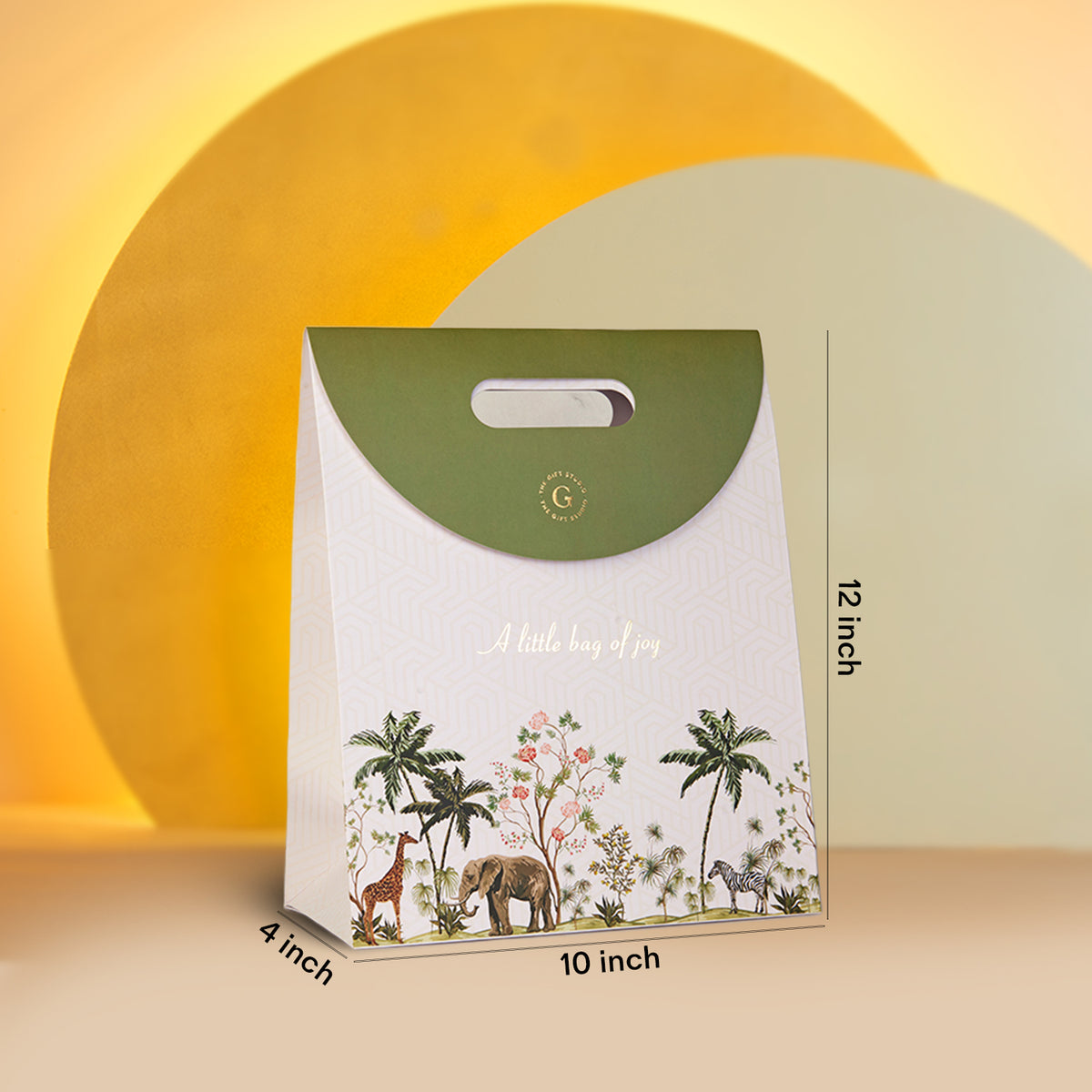 The Gift Studio Diwali Treat Bag with jungle animal illustrations and dimensions.