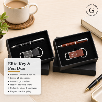 TGS Two sets of branded pens and keychains in black boxes on a desk 