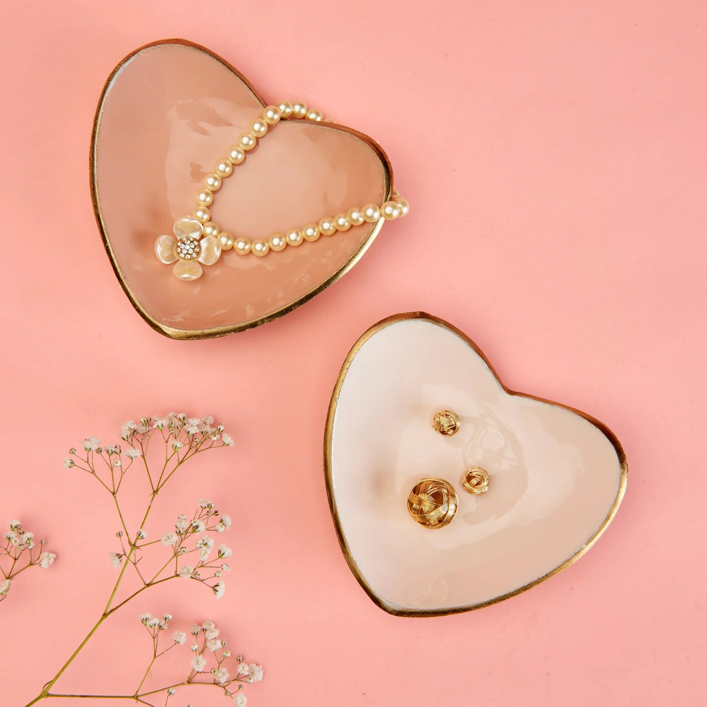 Enamelled Set of 2 Heart Shaped Trinket Trays