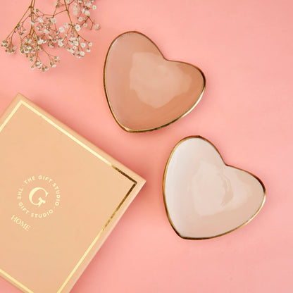 Enamelled Set of 2 Heart Shaped Trinket Trays