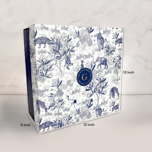 Medium gift box with jungle animal print, 12x12x6 inches, white and blue design.