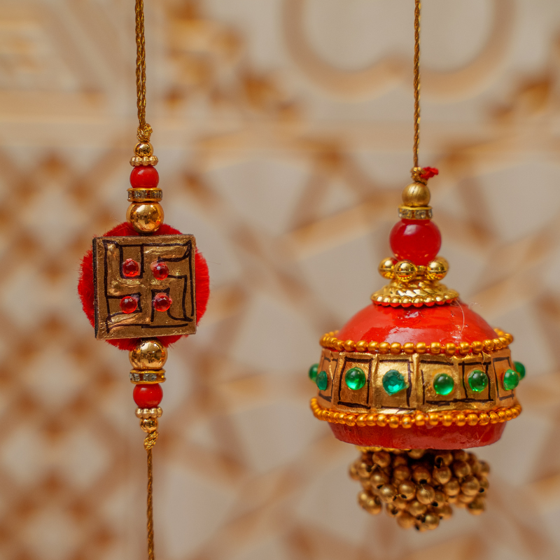 Golden Swastika Tanjore Rakhi Set