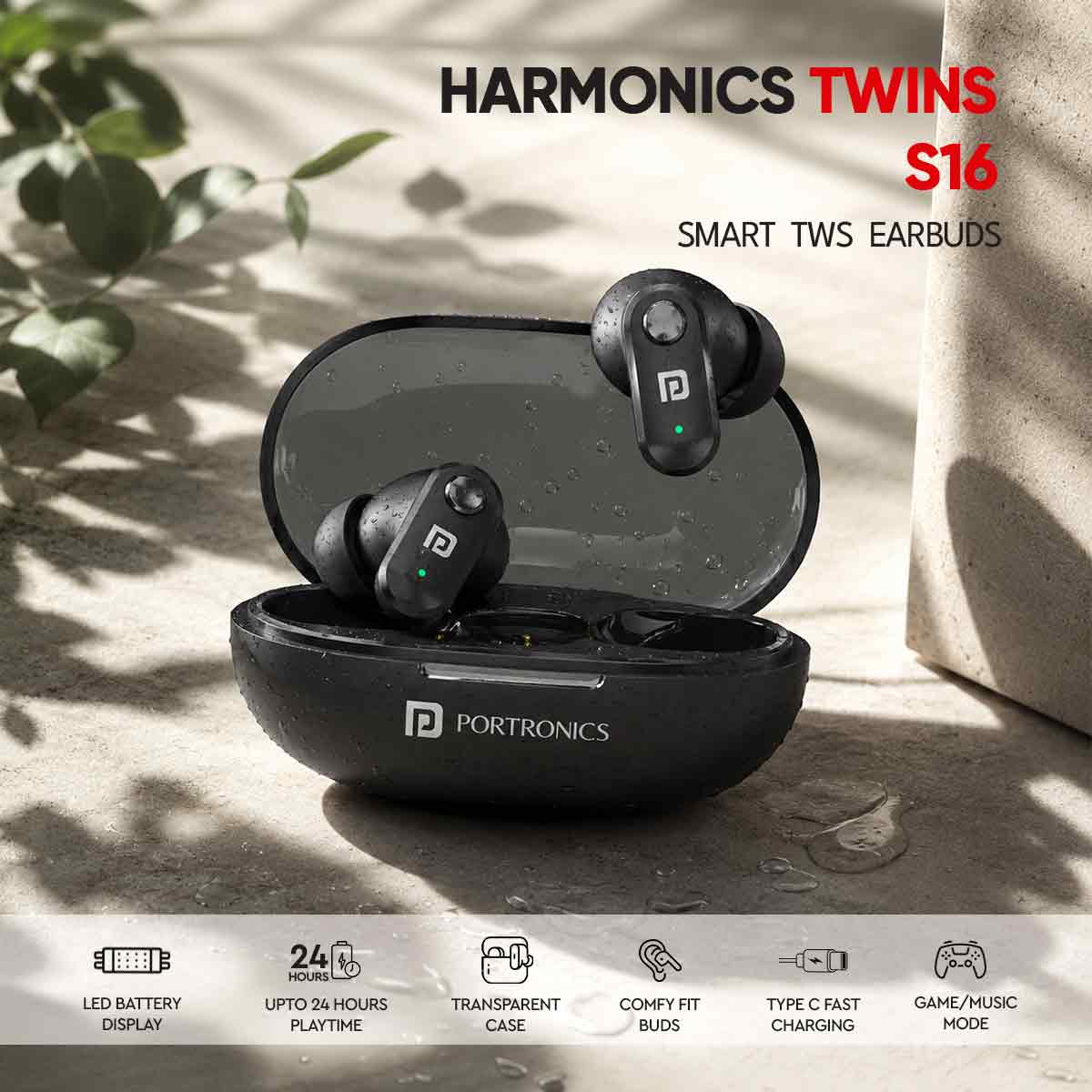 Black wireless earbuds in a charging case with 'Harmonics Twins S16' branding.