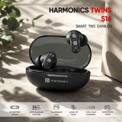 Black wireless earbuds in a charging case with 'Harmonics Twins S16' branding.