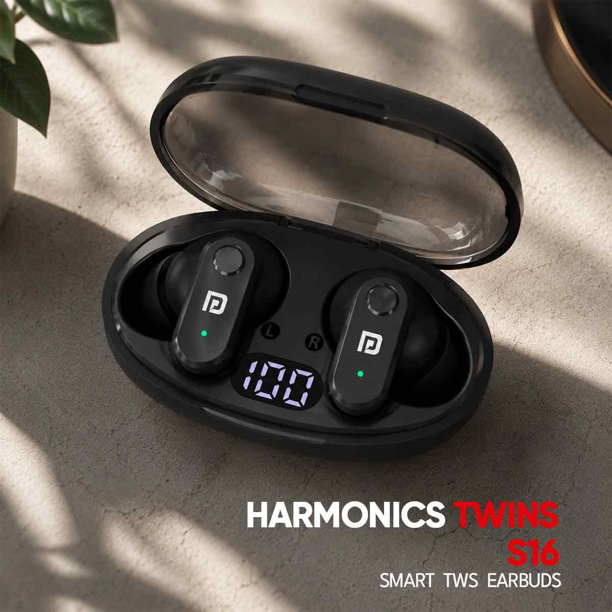 Black wireless earbuds in a charging case with 'Harmonics Twins S16' branding.