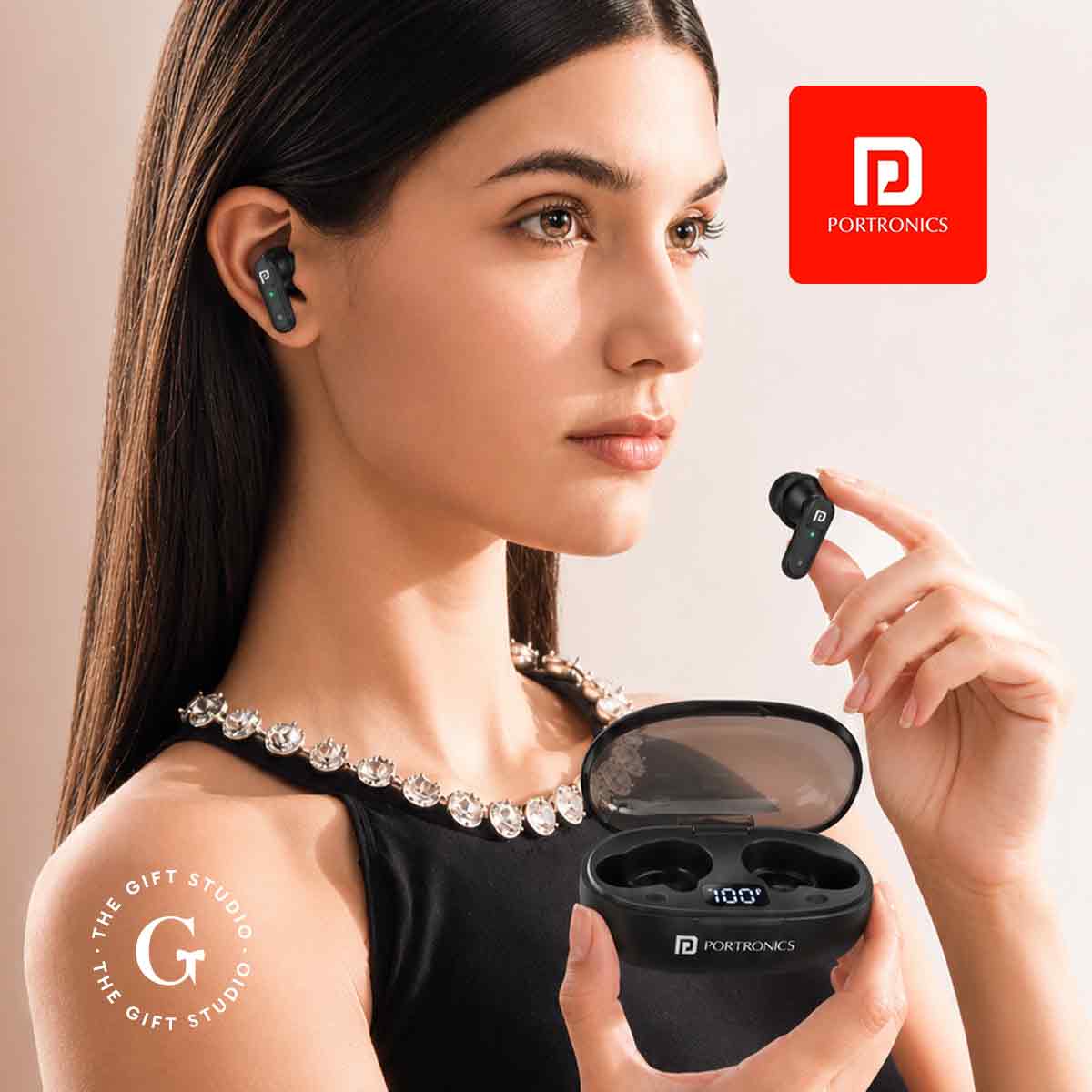 Black wireless earbuds in a charging case with 'Harmonics Twins S16' branding.