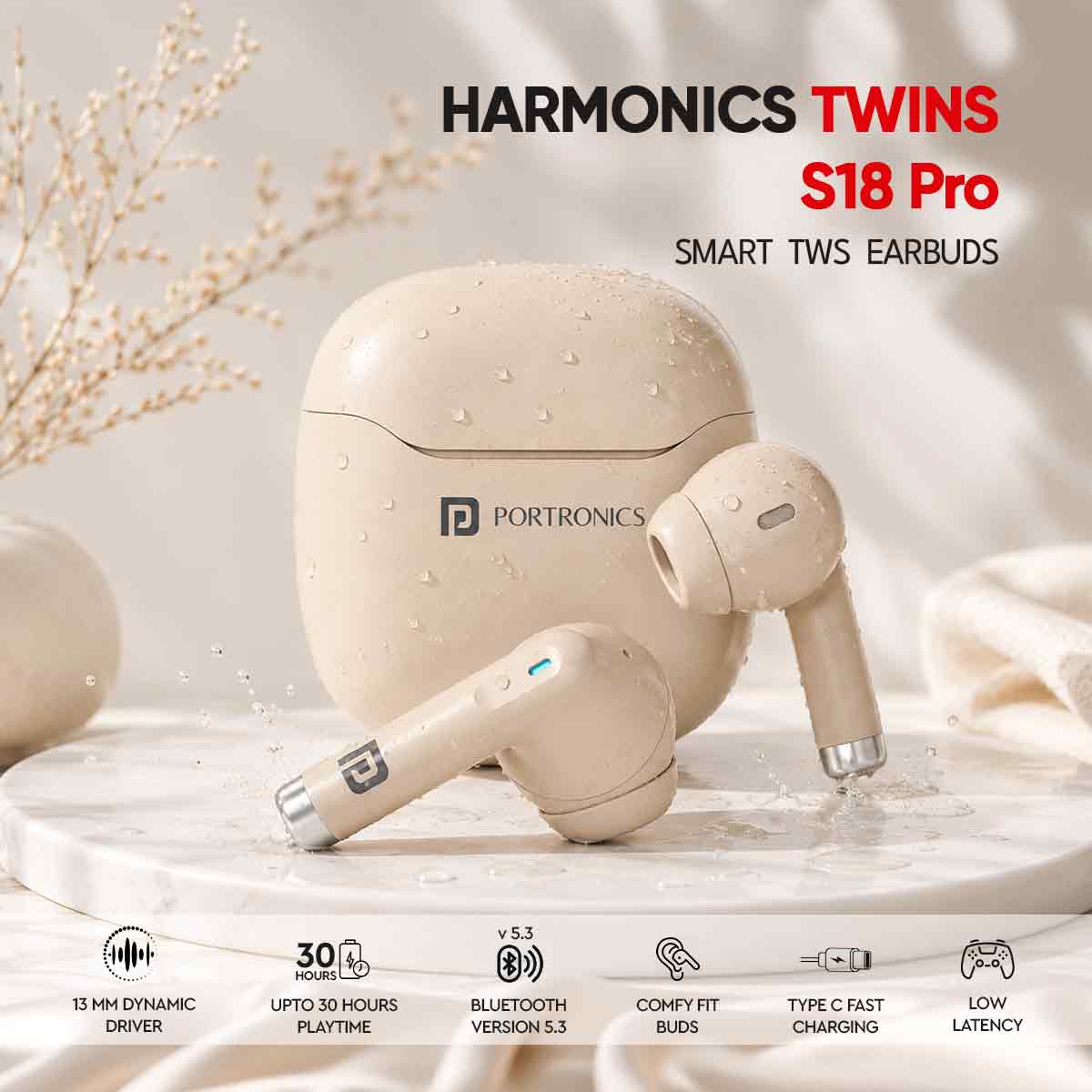 Beige wireless earbuds and charging case