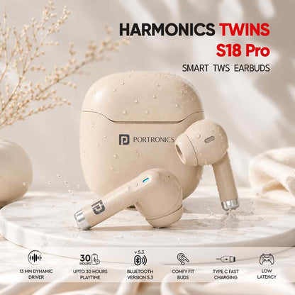 Beige wireless earbuds and charging case