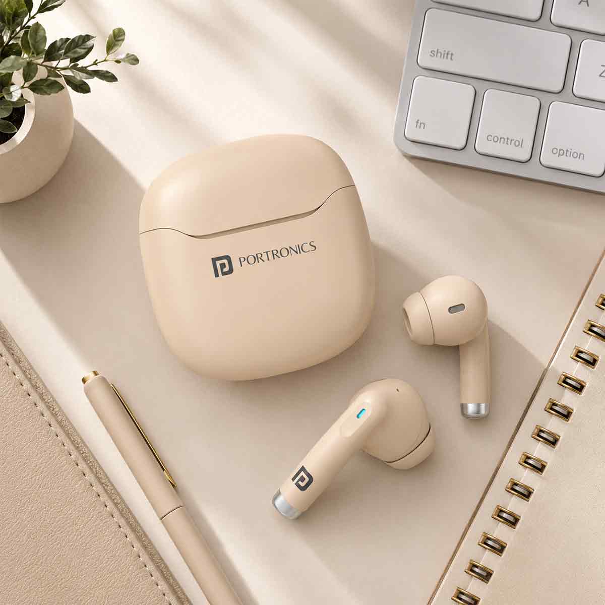 Beige wireless earbuds and charging case
