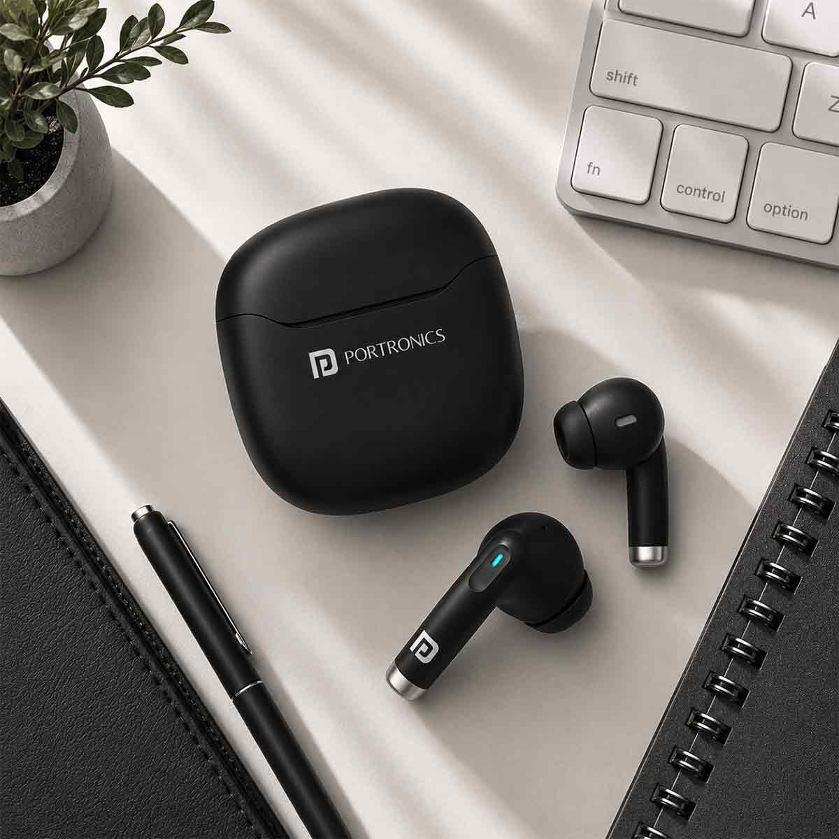 Beige wireless earbuds and charging case