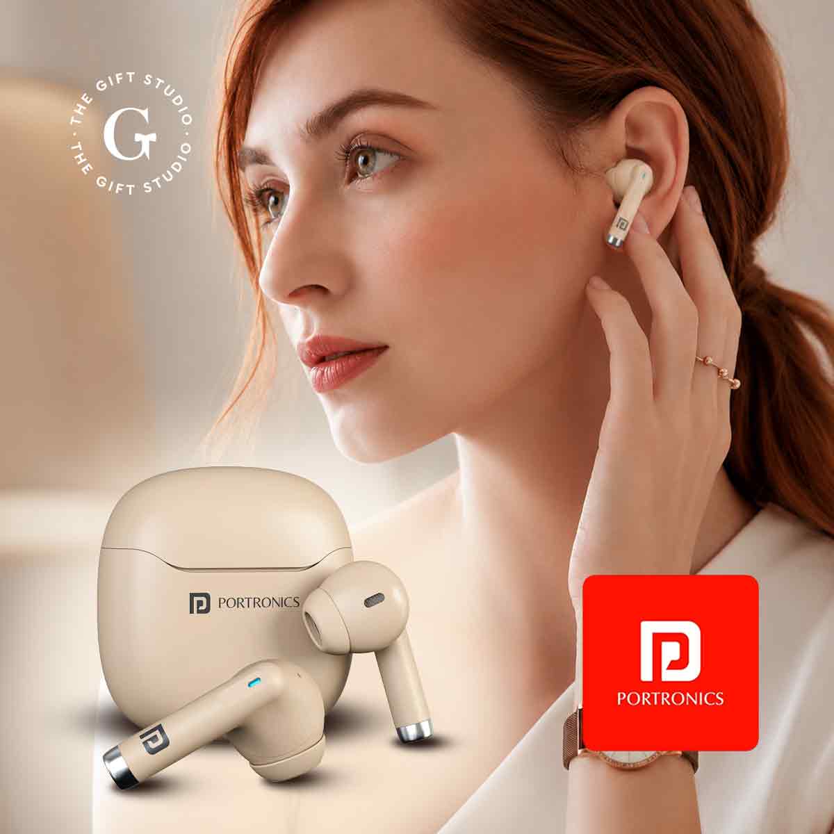 Beige wireless earbuds and charging case