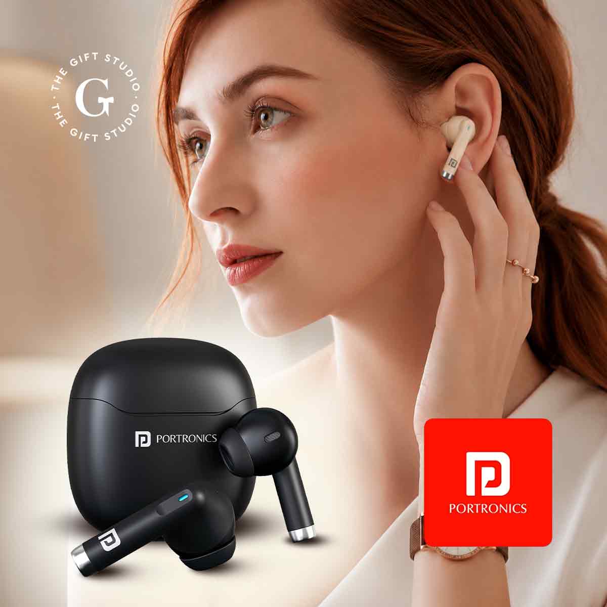Beige wireless earbuds and charging case