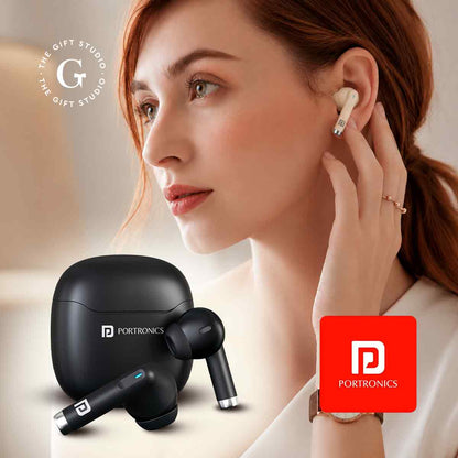 Beige wireless earbuds and charging case