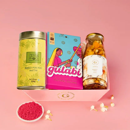 All Holi Fiesta items neatly organized inside the open gift box