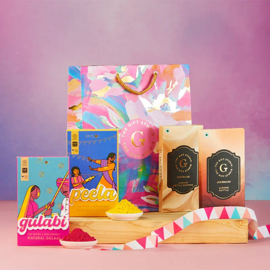 The Holi Fun Bag items artfully displayed