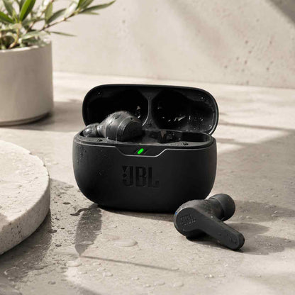 Black JBL wireless earbuds