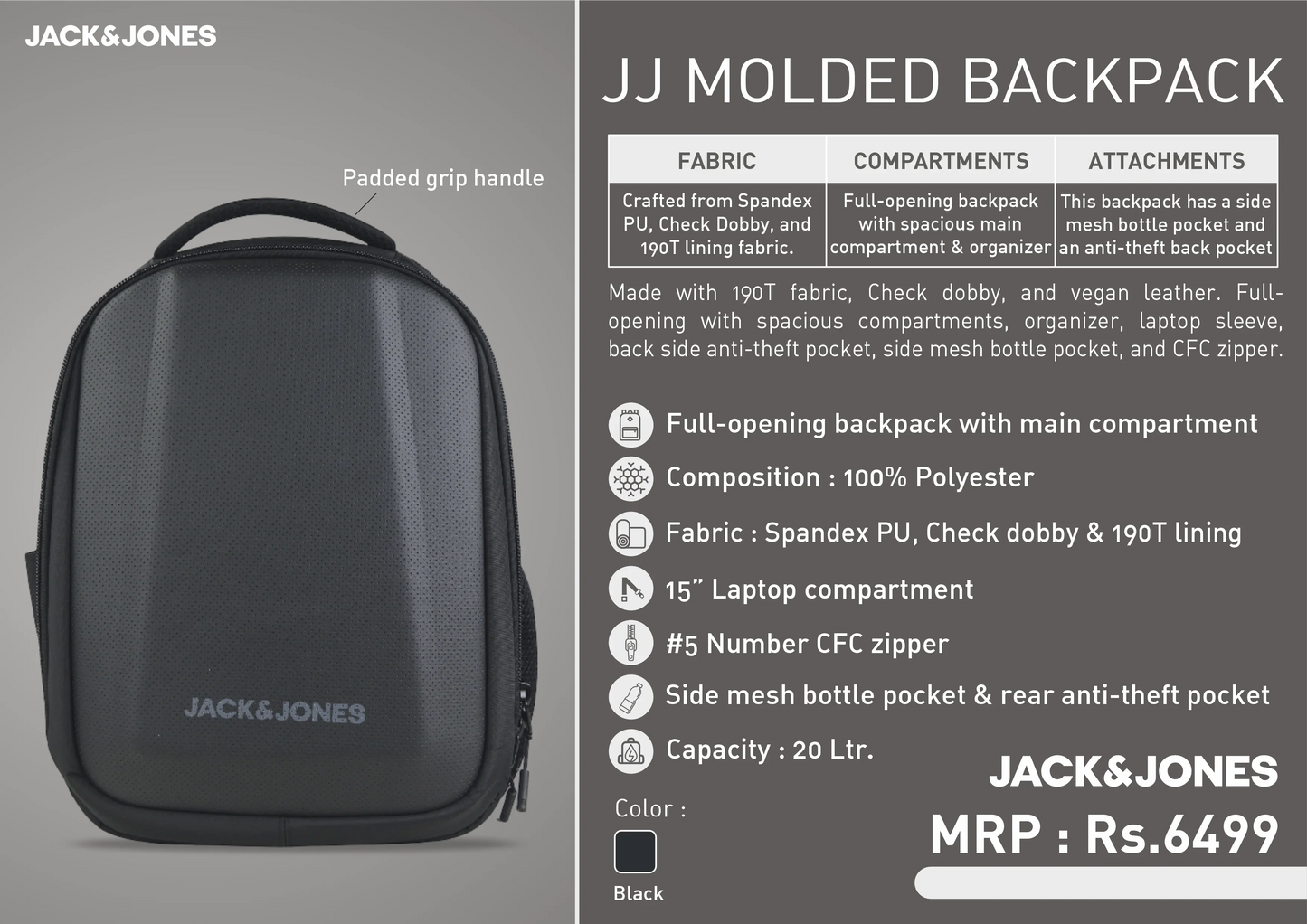 Black Molded backpack with Jack & Jones branding and TGS Logo