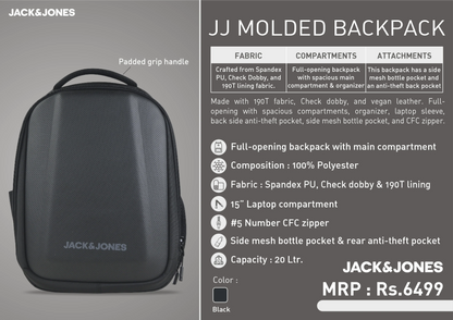 Black Molded backpack with Jack & Jones branding and TGS Logo