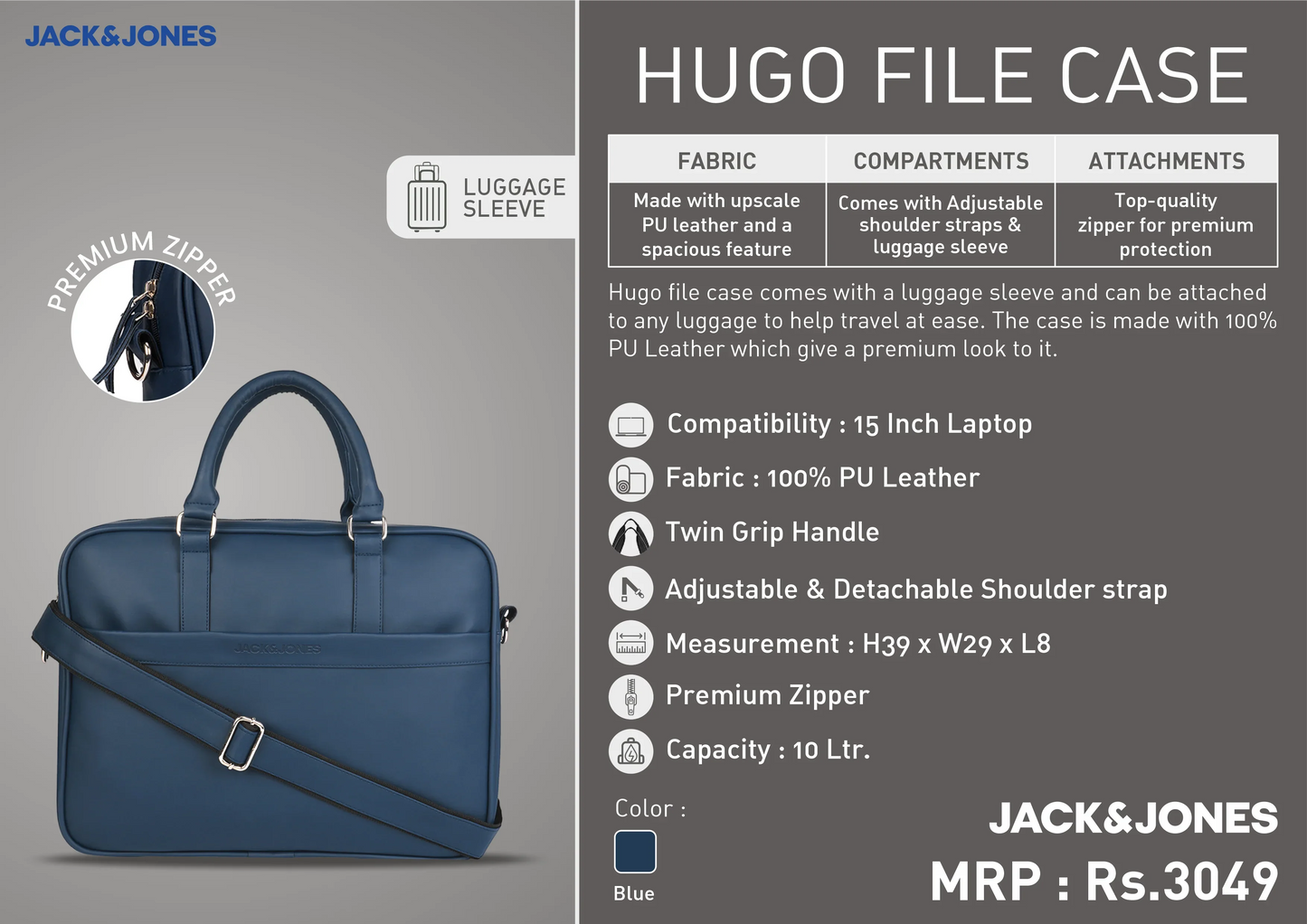 Blue file case with handle and zipper, featuring Jack & Jones branding.